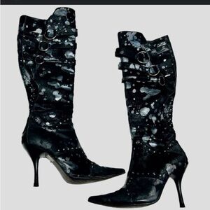 Juno Italian Leather Heeled Boot Pointed Toe Tall Furry Silver Black 38 or 8 S31